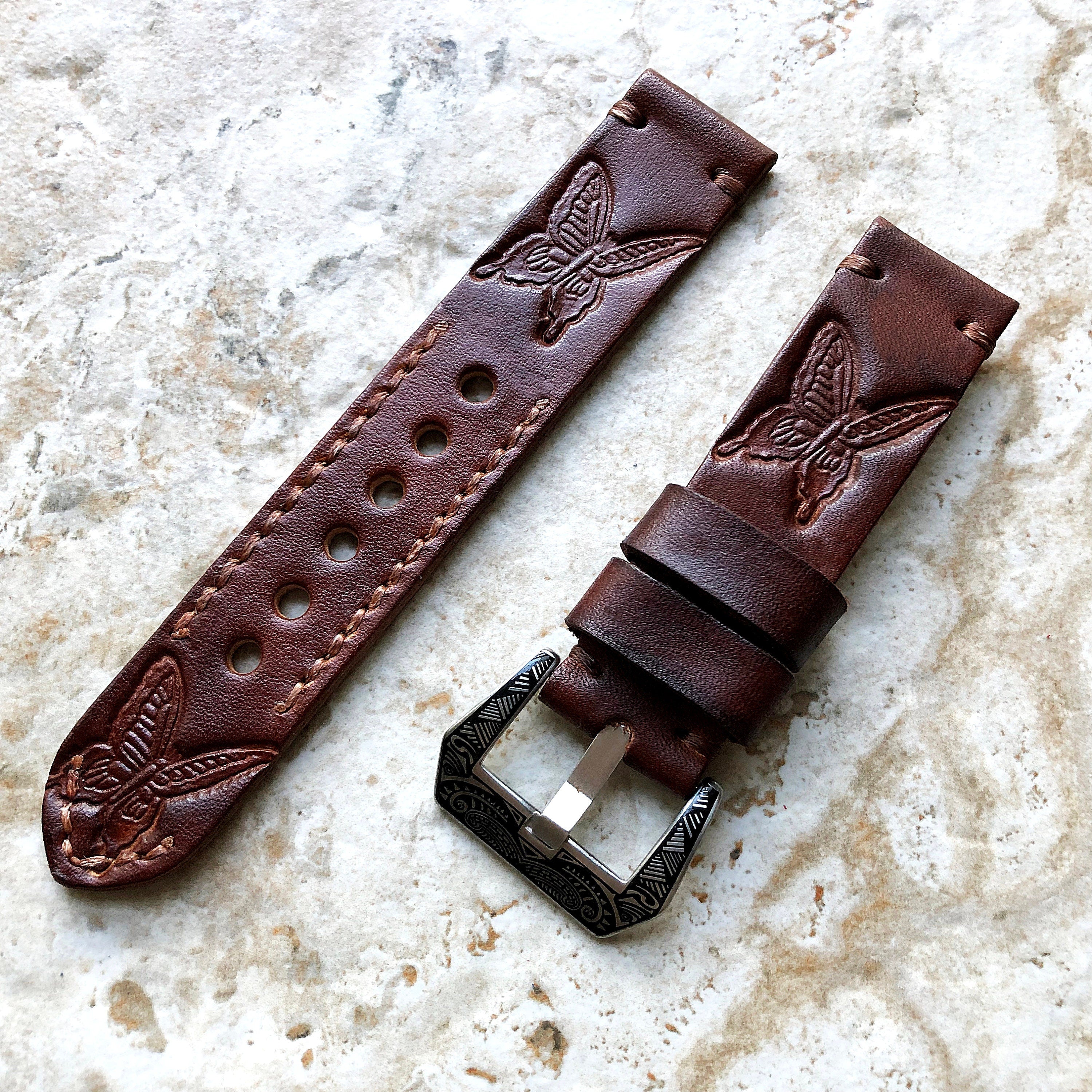 Monarch Butterfly Band 22mm 24mm 25mm Tooled Embossed Genuine Leather Compatible with Apple Watch Fitbit Versa 2 3 4 Sense 2 Ionic Strap